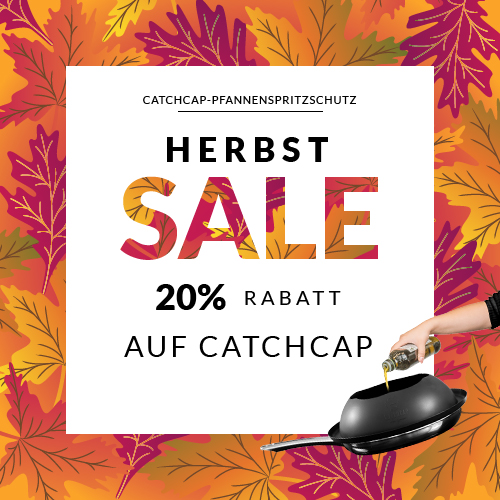 Bunte Blätter und Pfanne illustrieren den Herbst-Sale-Rabatt von 20 Prozent